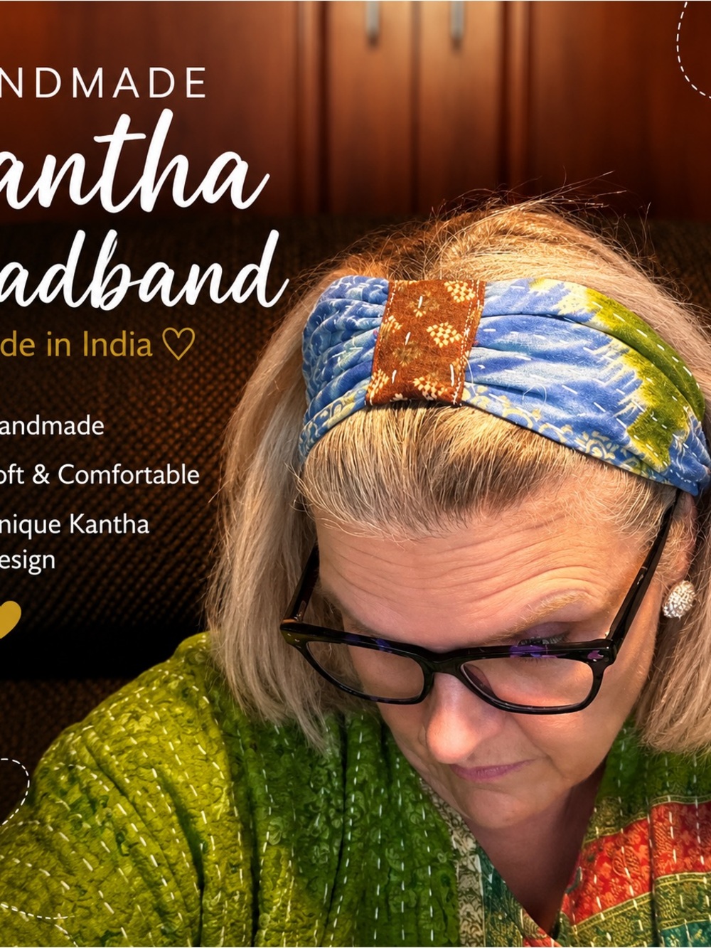 Kantha Twist Headband in Blue & Brown — Handmade in India